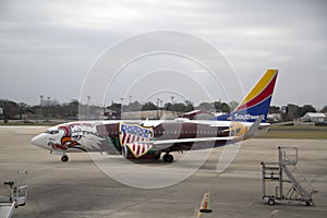 Southwest plane taxi into position at airport USA