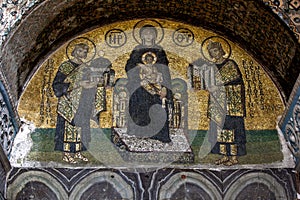 Southwestern entrance mosaic of Aya Sofya, the former basilica Hagia Sophia of Constantinople in Istanbul, Turkey.