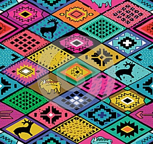 Southwestern seamless pattern with deers, buffalo and triangles