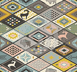 Southwestern seamless pattern with deers, buffalo and triangles