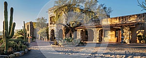 Southwestern style home with cactus garden at sunset