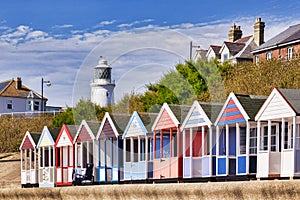 Southwold Suffolk UK, Beach Huts and Lighthouse