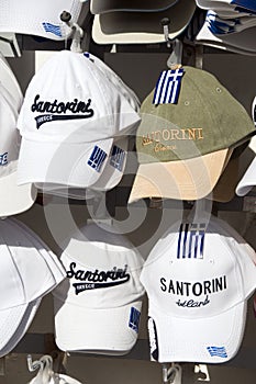 Souvenir hats sale display Santorini