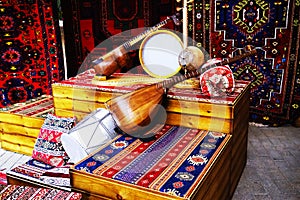 Souvenir mugam musical instruments. National folk musical instrument of Azerbaijan. String wooden instruments .Souvenir of