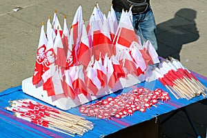 Souvenir Polish flags at a street market in Old Town of Warsaw on the 1st of May, The International Workers Day