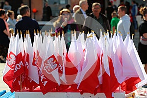 Souvenir Polish flags at a street market in Old Town of Warsaw on the 1st of May, The International Workers Day