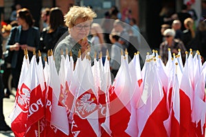 Souvenir Polish flags at a street market in Old Town of Warsaw on the 1st of May, The International Workers Day