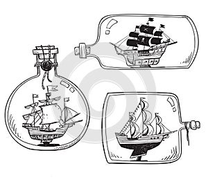 Souvenir from the sea - ship in a bottle. Set of vector drawings