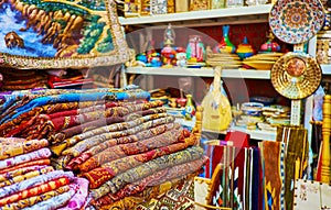 In souvenir shop of Al Souk al Kabir Old Market in Dubai, UAE