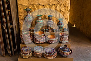 Souvenir shop at Dubai Grand Souk. The traditional Arab style bazaar at Dubai Old Souq.