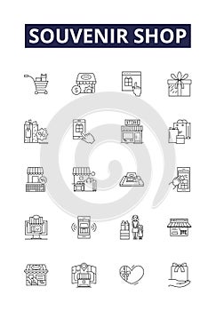 Souvenir shop line vector icons and signs. Gifts, Shop, Memorable, Trinkets, Mementos, Keepsakes, Souvenir, Purchases