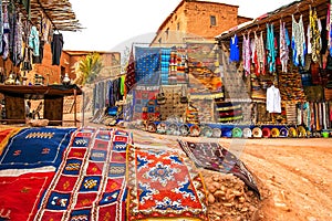 Souvenir shop in the open air in Kasbah Ait Ben Haddou near Ouarzazate in the Atlas Mountains of Morocco. Artistic picture. Beaut