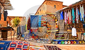 Souvenir shop in the open air in Kasbah Ait Ben Haddou near Ouarzazate in the Atlas Mountains of Morocco. Artistic picture. Beauty