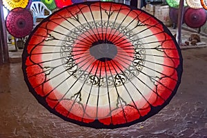 Souvenir shop sells typical umbrellas in Bagan, Myanmar