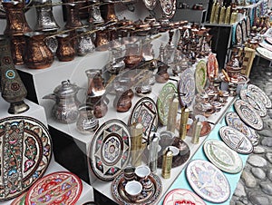 Souvenir stand, traditional handcrafted cooper coffee pots