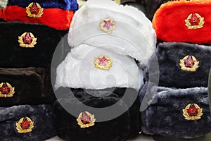 Souvenir winter hats with earflaps from Russia