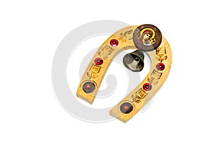 Souvenir-a wooden horseshoe with a bell symbol of wealth and good luck with the image of the virgin Mary and Jesus on a white