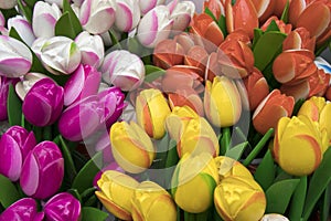 the Souvenirs at Bloemenmarkt - floating flower market on Singel Canal. Amsterdam. Netherlands