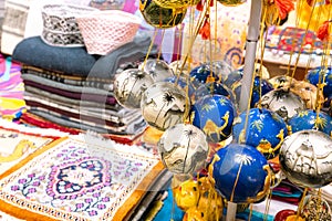 Souvenirs exhibited in market shops of the old town Mutrah. Oman. Arabian Peninsula.