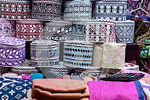 Souvenirs exhibited in market shops of the old town Mutrah. Oman. Arabian Peninsula.