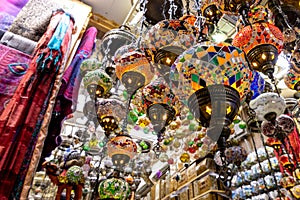 Souvenirs exhibited in market shops of the old town Mutrah. Oman. Arabian Peninsula.