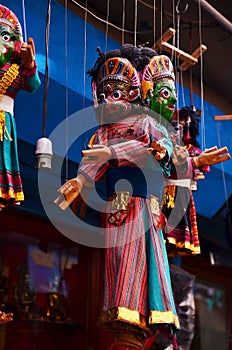 Souvenirs and gifts toys puppets image deity style and figure marionette demon in local hawker grocery store shop for nepali