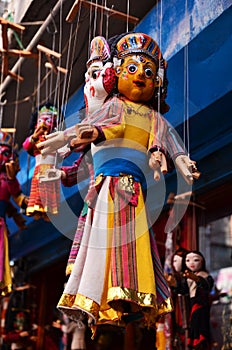 Souvenirs and gifts toys puppets image deity style and figure marionette demon in local hawker grocery store shop for nepali