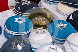 Souvenirs, handmade bracelets with Hamsa Hand or Star of David Mahane Yehuda in Jerusalem