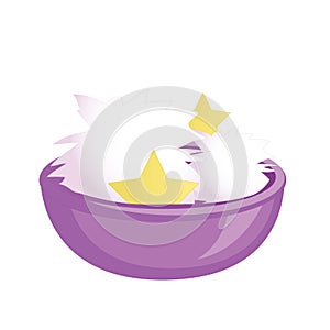 Souvenirs and home accessories. A bowl with white fluffy elements and stars isolated on white background. Vector illustration.