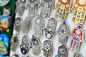 Souvenirs at Jerusalem bazaar, hamsa or khamsa symbol of Judaism