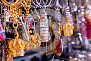 Souvenirs of London hanging at the gift store.