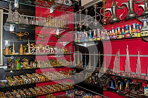 Souvenirs on shelves in the store in Dubai