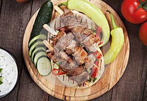 Souvlaki or kebab, meat skewer with pita bread