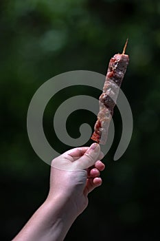 Souvlaki pork skewers greec. Kids hand holding roast grilled traditional greek skewer souvlaki