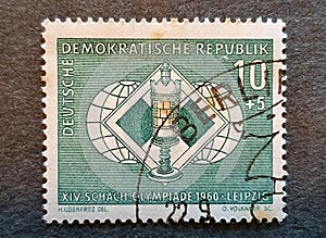 SOVATA, ROMANIA - Jul 02, 2020: Old German stamp from 1960 with Chess World Olympiad Leipzig