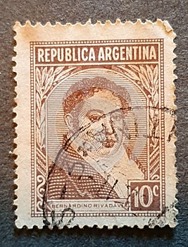 SOVATA, ROMANIA - Jul 02, 2020: old stamp from Argentina 1942 with the image of Bernardino Rivadavia