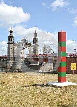 SOVETSK, RUSSIA. Boundary post and bridge of the queen Louise. Kaliningrad region