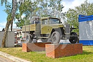 SOVETSK, RUSSIA. GAZ-AA truck one and a half stands on a pedestal in the territory of the car complex