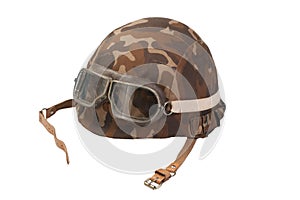 Soviet army mechanized infantry camouflaged helmet with goggles isolated on white