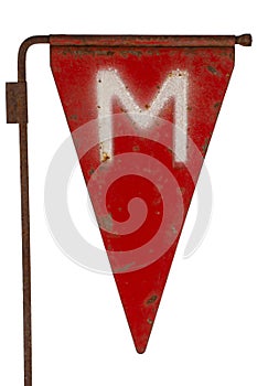 Soviet army minefield warning red sign - Danger Mines. White M on a red. Isolated on white backghround