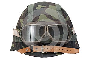 Soviet army steel helmet with protective goggles and camouflage cover