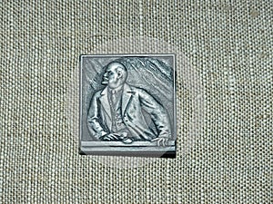 Soviet badge depicting Vladimir Ilyich Lenin Ulyanov from the collections `Vladimir Lenin`. Closeup. Faleristics.