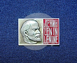 Soviet badge depicting Vladimir Ilyich Lenin Ulyanov with the inscription in Russian, English and French `Lenin`