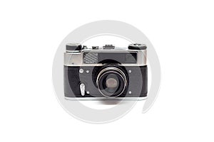 Soviet black silver old camera with a lens. Isolate