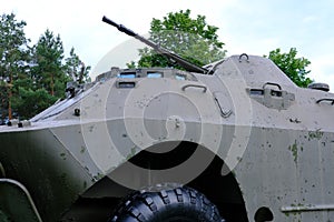 Soviet BTR Armored personnel carrier with on the ground in the Museum of armored vehicles photo
