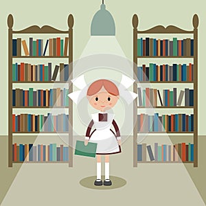 Soviet cartoon schoolgirl in library.