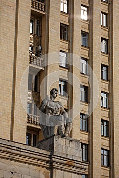 Soviet communist stone sculpture of a strong soldier sitting with a gun sculptors - Baburin, Nikogosyan, Anikushin. Kudrinskaya