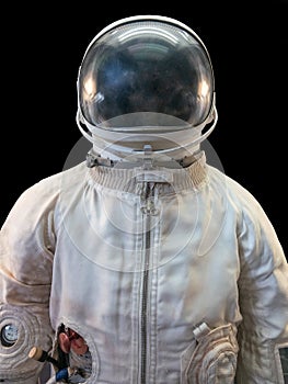 Soviet cosmonaut or astronaut or spaceman suit and helmet on black background