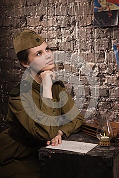 Soviet female soldier in uniform of World War II