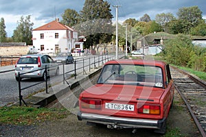 Soviet-made red Lada VAZ-2105 car, Terezin, Czechia